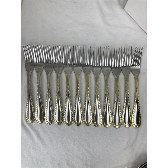 12 Retroneu GOLD ACCENT Chain 7 3/4” 18/8 Korea Stainless Dinner Fork Quality - Picture 1 of 9